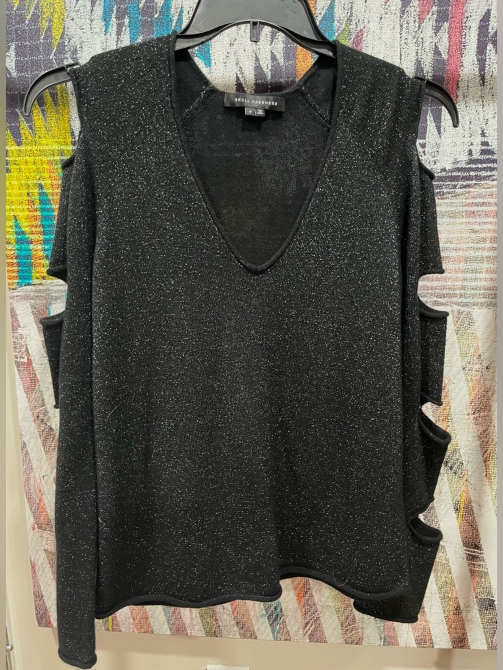 Skull Cashmere Black Glitter V-Neck Top with Cutout Sleeves